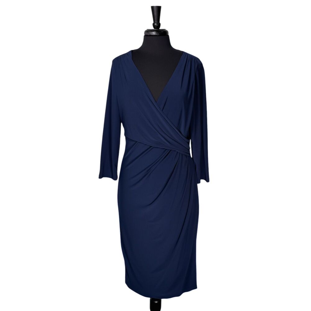 Lauren Ralph Lauren Dress 16 Navy Blue Ruched Faux Wrap Midi Sheath Stretch - Picture 2 of 10